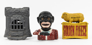 Three cast metal money boxes, including GOLDEN FLEECE, RADIATOR, and LITTLE JOE, 20th century. The largest 17cm high.