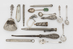 An antique sterling silver penknife, silver spoons, boot button hook and writing instruments, 19th and 20th century, (16 items), the boot button hook 17cm long.