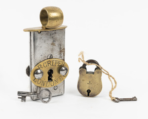 An antique padlock and key along with an R. CRIPER antique English lock, 19th century, (2 items), the larger 15cm long.