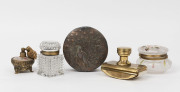 Antique ink pot and blotter, two jewellery boxes and a perfume atomizer, mid 20th century, (5 items), the larger jewellery box 11.5cm diameter