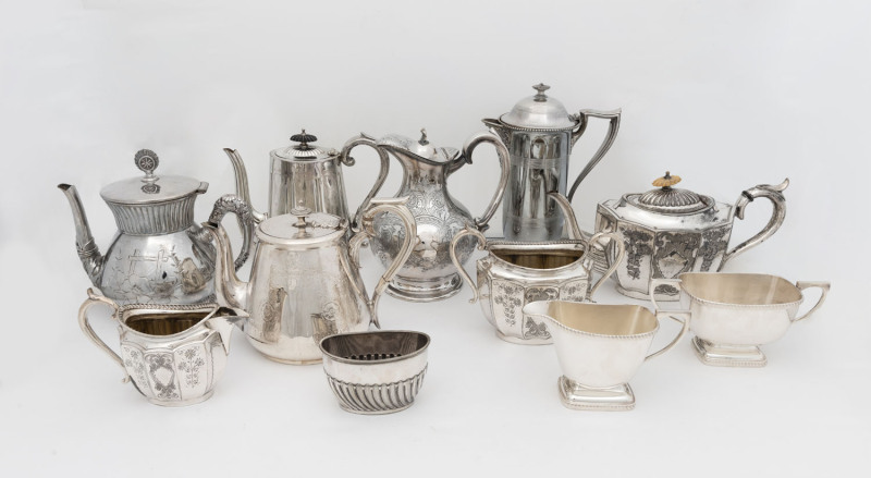 A selection of eleven silver plated tea service items, consisting of pots, jugs, sugar bowls and cream jugs, 19th and 20th century, (11 items), the largest coffee pot 25cm high.