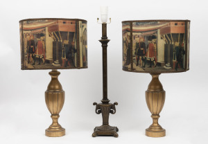 A pair of gilded timber table lamps with Renaissance style shades together with a classical style brass table lamp base, (3 items), the tallest 61cm