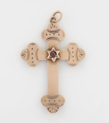 An antique 9ct rose gold crucifix pendant set with a ruby, 19th century, stamped "L.F. 9C." with swan mark, ​4cm high, 2.2 grams