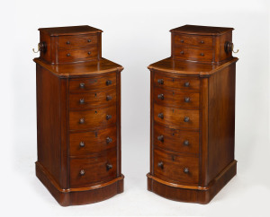 A fine pair of antique mahogany bow front bedside chests, 103cm high, 45cm wide, 58cm deep