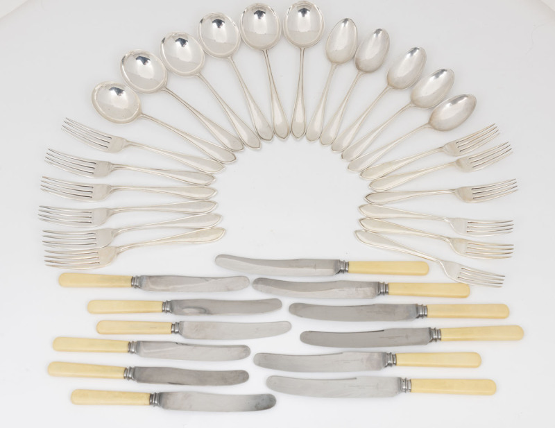 Vintage silver plated cutlery with bone handled knives, early 20th century, (32 pieces), originally a set for 6 but missing an entrée fork and spoon.