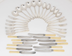 Vintage silver plated cutlery with bone handled knives, early 20th century, (32 pieces), originally a set for 6 but missing an entrée fork and spoon.