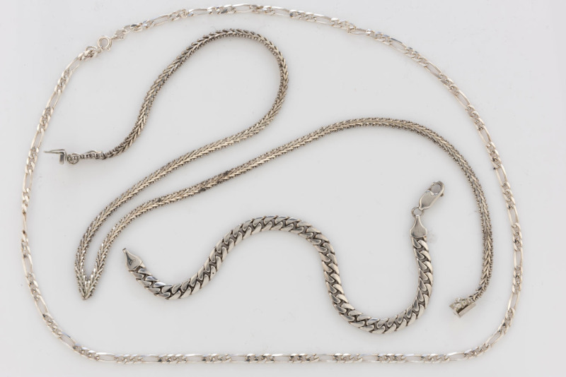 Two silver necklaces and a silver bracelet, 20th century, 45 grams total