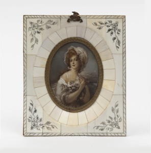 Miniature portrait of a lady in a piano ivory frame, 14.5 x 12.5cm