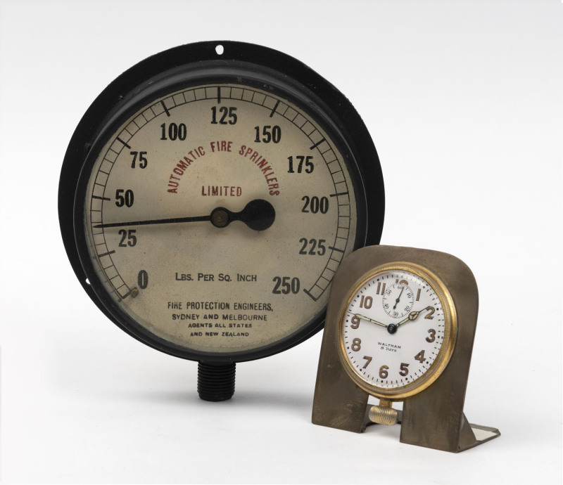 WALTHAM crown wide car clock together with an antique sprinkler gage, early 20th century, (2 items), ​the clock 10cm high overall