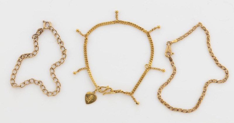 Three assorted gold bracelets, two x 9ct gold (4.5 grams) and one x 22ct gold (6 grams), 10.5 grams total