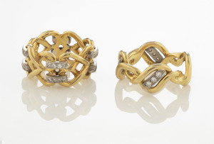 Two 18ct yellow gold rings, both woven designed with brilliant cut diamonds mounted in white gold, ​20.2 grams total