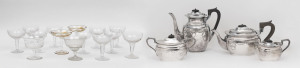A set of 10 crystal champagne glasses, 2 engraved crystal dessert bowls, a pair of gilt decorated champagne glasses and a 5 piece silver plated tea service comprising of tea and coffee pots, sugar bowl and cream jug. (18 items), 20th century, the largest 20cm high