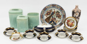 A mixed lot of 20th century porcelain, comprising of 3 green glazed kitchen canisters, a Delft hand-painted charger, lidded serving dish by Cauldon England, a Chinese vase, 5 gilt decorated cups and 6 matching saucers, a gilt cup, saucer and small plate, 