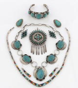 A collection of NAVAJO silver and turquoise jewellery comprising 3 pairs of earrings, 2 necklaces, pendant and a bangle, (7 items).