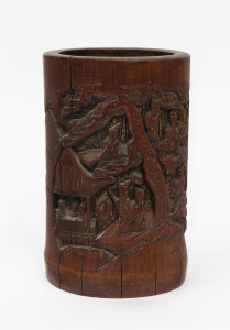 A Chinese bamboo brush pot with carved decoration and traces of original gilding, late 19th century, ​marked to the base, 19cm high