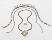 Three sterling silver necklaces along with a sterling silver ring (stone removed), 20th century, (4 items), 155 grams,