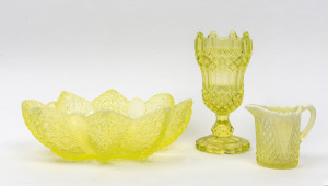 Antique uranium glass hat pin holder, fruit bowl and jug (3 items), 19th century, the hatpin holder 20cm high