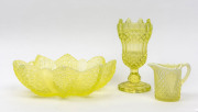 Antique uranium glass hat pin holder, fruit bowl and jug (3 items), 19th century, ​the hatpin holder 20cm high