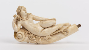 An antique carved meerschaum pipe with female nude decoration, 19th century. Bowl only. Mouthpiece missing. 13cm long