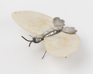 An antique silver and pearl shell dish in the form of a butterfly, 19th/20th century, 28cm across the wings
