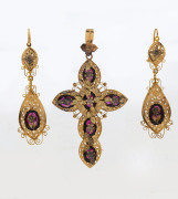 An antique Continental crucifix and earring set, high carat three toned gold, most likely Italian or Spanish, circa 1870