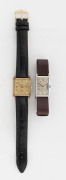 Two 1950's manual wind gentleman's tank style wristwatches, one by "CYMA", in steel case with Arabic numeral silvered dial with subsidiary seconds dial, on leather wristband, the other by "JEWELEX", in gold plated case with Arabic numeral gilt dial with s