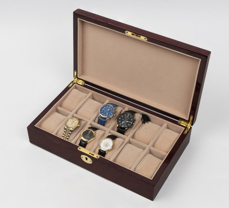 Five assorted wristwatches plus a lockable timber watch box with key, (6 items)