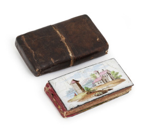Austro-Hungarian miniature "Forget Me Not" pocket book, stunningly decorated with hand-painted Viennese enamel boards and housed in original two piece leather wallet, mid 18th century, 4.5cm wide.