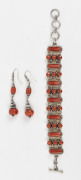 Vintage Tibetan bracelet and earrings, coral and silver, 20th century, the bracelet 19cm long