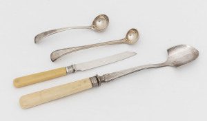 An English stilton scoop, pate knife and two Georgian sterling silver condiment spoons (4 items), the scoop 26.5cm long