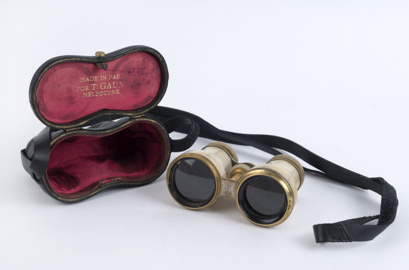 T. GAUNT & CO. French field glasses, mother of pearl and gilt metal in original silk lined leather case marked "Made In Paris For T. Gaunt, Melbourne", 19th century,