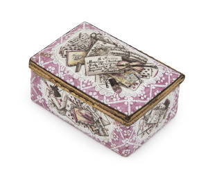 A stunning Viennese snuff box, gilt metal and enamel decorated with sheet music and playing cards, Austria, circa 1760, interior decorated and titled "MENUET", 4.5cm high, 8.5cm wide, 6cm deep