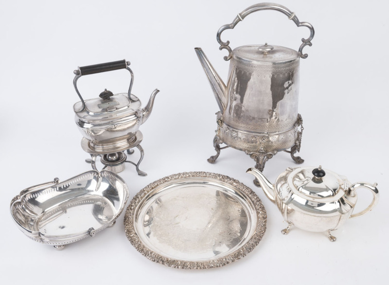 Two silver plated spirit kettles, basket, teapot and salver, 19th and 20th century, (5 items), the larger spirit kettle 37cm high