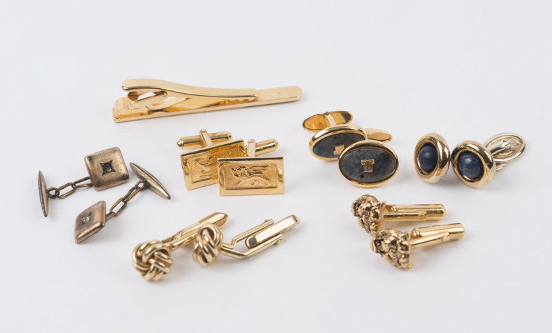 Six assorted pairs of cufflinks and a German tie clip, (13 items)