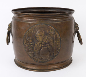 An antique coal bin, copper and brass with repoussé panel decoration, 19th century, 28cm high, 36cm wide