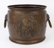 An antique coal bin, copper and brass with repoussé panel decoration, 19th century, 28cm high, 36cm wide