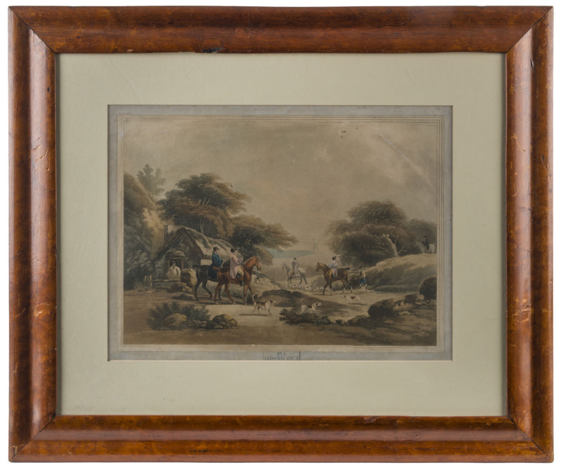 A pair of antique hunting scene hand-coloured engravings in antique maple frames, early 19th century, 56 x 65cm overall