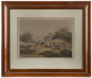 A pair of antique hunting scene hand-coloured engravings in antique maple frames, early 19th century, 56 x 65cm overall - 2