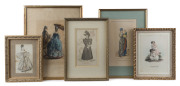 A group of five antique fashion prints in gilt frames, 19th century, ​the largest 39 x 31cm overall