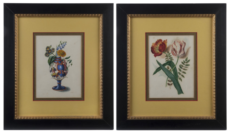 ARTIST UNKNOWN (Dutch School, 19th century), I.) Chinoiserie vase and flowers, ​II.) Tulips watercolour, one signed lower right "H. K.", 24 x 17cm