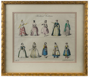 THEATRICAL COSTUMES antique hand-coloured engraving, 19th century, with blind embossed seal "HENRY COOK, 45 Elizabeth Street, Hobart Town, V.D.L.", 31 x 39cm