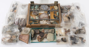 Large collection of mineral, rock and crystal specimens including Doon Doon thunder egg and agate in a rhyolite geode. (qty)