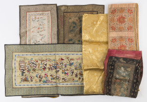 Chinese hand-painted scroll and six assorted textiles, (7 items), 20th century