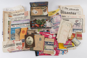 EPHEMERA & NEWPAPERS: Assortment with several newspaper 'Royalty' commemorative editions incl. "The Argus" 1937 (May 24) Coronation Souvenir, "The Star" 1934 (Dec.8) for Royal Centenary Visit (2), "The Sun" 1934 (Dec.11) Centenary Celebrations, also 1910