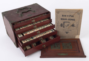 Vintage Chinese Mah-Jong set, bone and bamboo in timber case with booklet, early 20th century, (2 items), the case 23cm wide