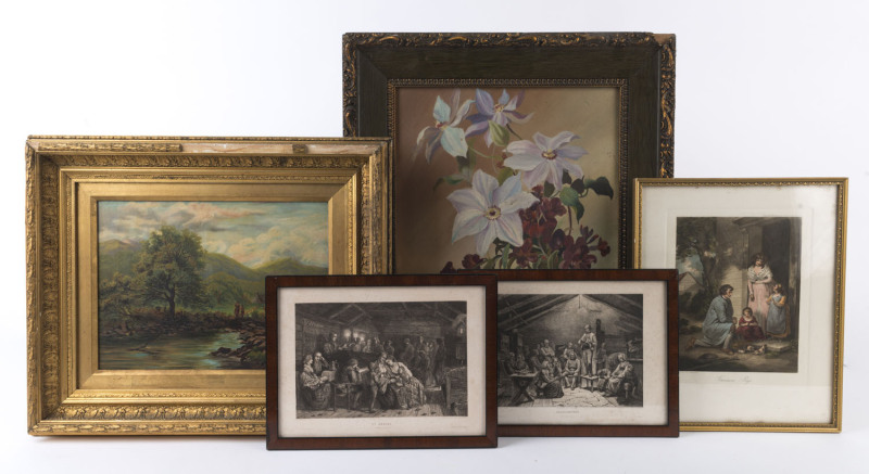 Five assorted antique pictures and prints, ​the largest 50 x 42cm overall