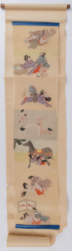 JAPANESE EROTICA. Seven individual erotic scenes hand-painted on a single scroll of silk, Meiji period, ​each image 12 x 18cm approximately