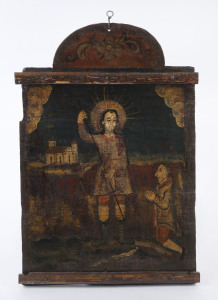 An antique religious icon, hand-painted on board, South American, 18th century, 54 x 37cm