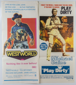 MORE GUNS: 1960s-80s daybill posters, all Australian printers/publishers: "WESTWORLD", "Yul Brynner", "RAGE", "BORN LOSERS", "PLAY DIRTY", "Michael Caine", "THE BLACK WINDMILL", "Michael Caine", "BAD COMPANY", "DOBERMAN PATROL", (7 items).