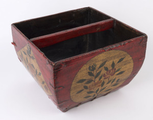 A Chinese rice bucket, hand-painted wood with metal fittings, 20th century, ​23cm high, 34cm wide, 33cm deep